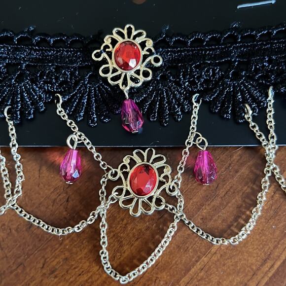 isc Black Lace Choker Necklace with Gold & Red Beads and Chains 3" Drop - Picture 2 of 4